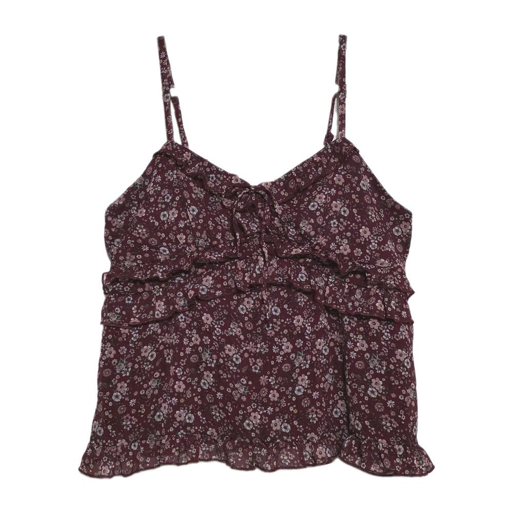 Y2K Xhilaration Floral Babydoll Ruffle Top Womens XL Maroon Cottagecore Boho